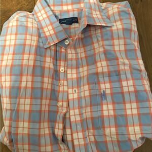 Johnnie-O Light Blue and Orange Checkered Shirt Large